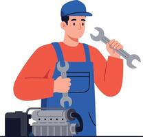 Mechanic holding wrench with engine in flat design style art vector