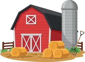 Red barn with silo and hay bales in design flat vector