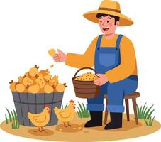 Farmer feeding chickens with basket in flat art vector