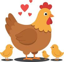 Chicken with Chicks in Loving Interaction Flat Art vector