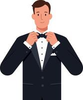 Man adjusting his bow tie in a minimal flat illustration vector