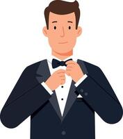 Man adjusting bow tie in formal suit flat illustration vector