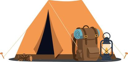 Camping tent with backpack and lantern in flat art vector
