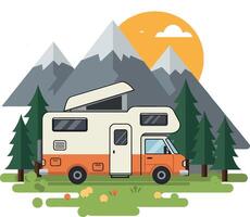 Camper van surrounded by mountains and trees in flat art vector