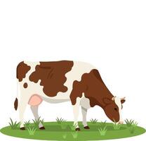 Cow grazing on green grass in flat minimal illustration vector