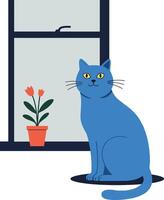 Blue cat sitting by a window with a flower pot art vector