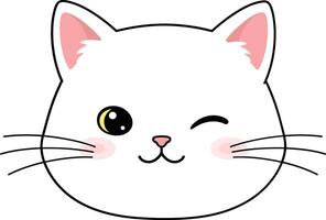 Cute white cat face with playful expression in flat art vector