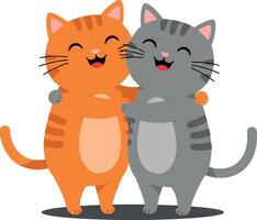 Two cheerful cats embracing each other in flat art vector