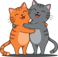 Two cheerful cats hugging in a flat and colorful illustration vector