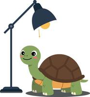 Cute turtle interacting with modern lamp in flat art vector