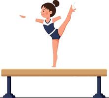 Gymnast performing elegant balance pose on beam in flat art vector