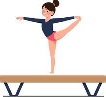Gymnast performing balance beam routine in flat art vector