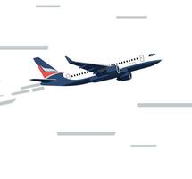Airplane taking off with clouds in flat and minimal art vector