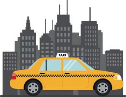 Yellow taxi cab in urban setting with flat design art vector