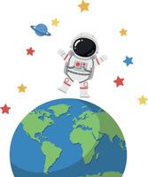 Astronaut character jumping on Earth with colorful stars flat art vector