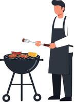 Grilling chef preparing food on barbecue in flat art vector