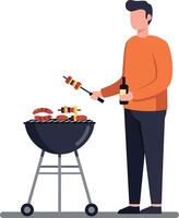 Man grilling skewers and burgers with bright flat art vector