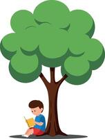 Boy reading book under large green tree in flat art vector
