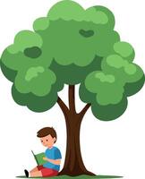 Boy reading a book under a large green tree in flat art vector