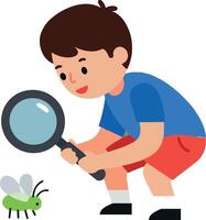 Young boy examining a bug with a magnifying glass in flat art vector