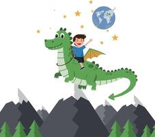 Dragon riding adventure with a joyous boy in flat art vector