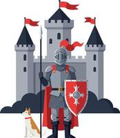 Knight in armor with dog standing before castle in flat art vector