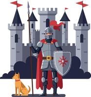 Knight in armor with spear and dog in flat art vector