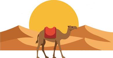 Desert camel walking in the warm sun with sandy dunes, minimal flat art vector