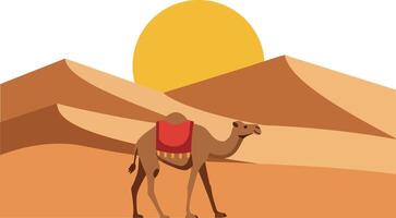 Camel walking through desert with sun setting in minimal flat art vector