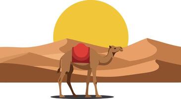Camel in a desert landscape with a large sun in a flat, minimal art style vector