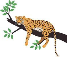 Leopard lounging on a tree branch in flat design style art vector