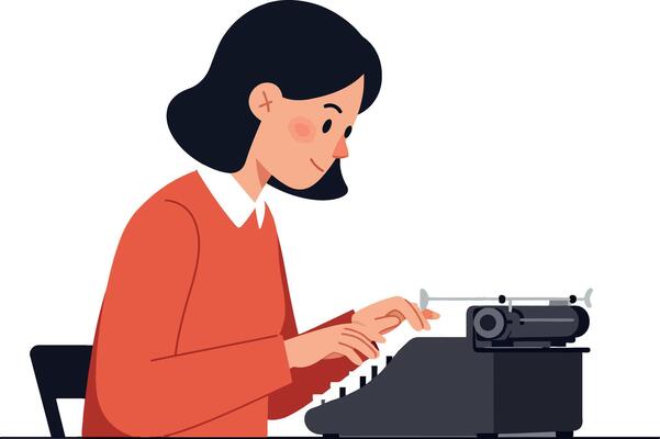 Woman typing on vintage typewriter in flat design style showcasing creativity and inspiration in art
