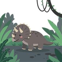 Cute triceratops character in flat design style surrounded by lush greenery and jungle elements art vector