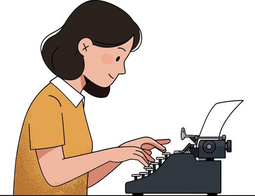 Young woman typing on a vintage typewriter in a minimal flat design art