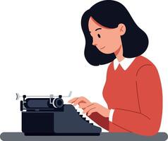 Woman typing on vintage typewriter in flat design style, showcasing creativity, focus, and productivity in art vector