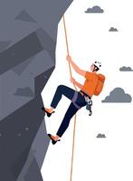 Climber ascending steep rock face in flat design style showcasing determination and adventure art vector