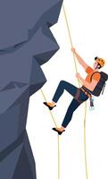 Climber ascending steep rock face in minimal flat design style featuring bold colors and detailed art vector