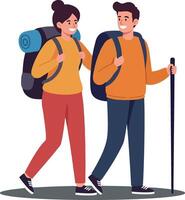 Happy hikers walking together through nature in a colorful minimal flat illustration vector