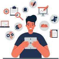 Person using tablet with digital tools and icons in a flat design illustration vector