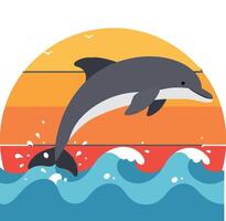 Dolphin leaping over waves at sunset in flat design style art vector