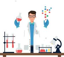 Scientist holding flasks with colorful liquids in a laboratory flat illustration vector