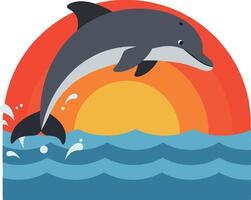 Dolphin jumping over ocean waves with sunset background in flat art style art vector