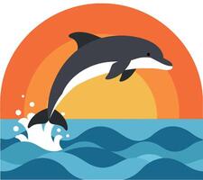 Dolphin leaping through ocean waves at sunset in minimal flat art vector