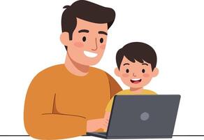 Father and son joyfully interacting with laptop in flat, minimal art style vector