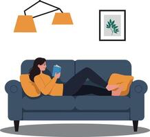 acogedor mujer leyendo un libro en un elegante sofá con plano diseño Arte vector