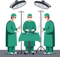 Surgeons in green scrubs performing an operation in a flat and minimalist design art vector