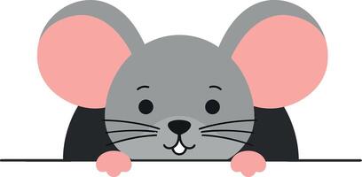 Cute gray mouse character peeking over a surface in flat art style, perfect for childrens illustrations or designs vector