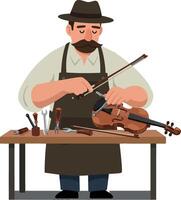 Violin maker repairing instrument with tools in minimal flat design art vector