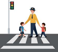 Crossing guard assisting children in safety with bright colors and minimal design style illustration vector