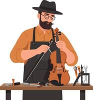 Luthier repairing a violin in flat design style, showcasing detailed tools and craftsmanship in art vector